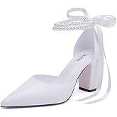 Winflag Pearl Wedding Shoes for Bride Block Heel Bridal Shoes Pointed Toe Wedding Heels