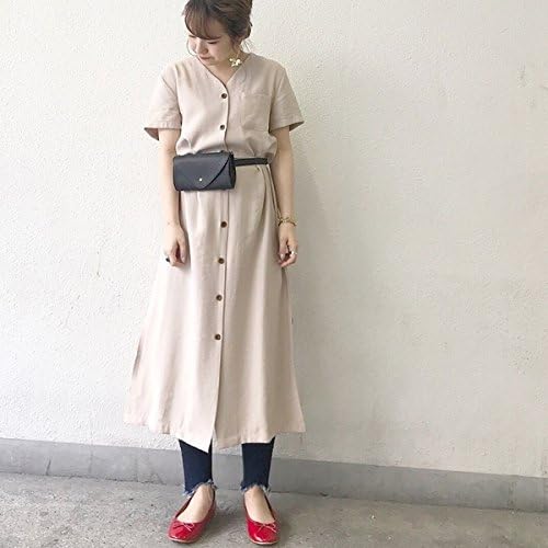 Amazon チーク Cheek 前開き胸ポケットワンピース Beige M ワンピース チュニック 通販