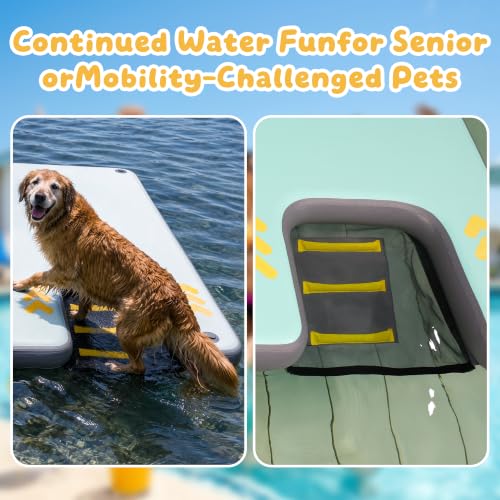 Inflatable Floating Dock with Dog Ramp, Large Floating Island Platform for Adults and Pets, Mesh Water Hammock with Non-Slip Steps, Heavy-Duty Floating Dock for Lake, Pool, River and Ocean