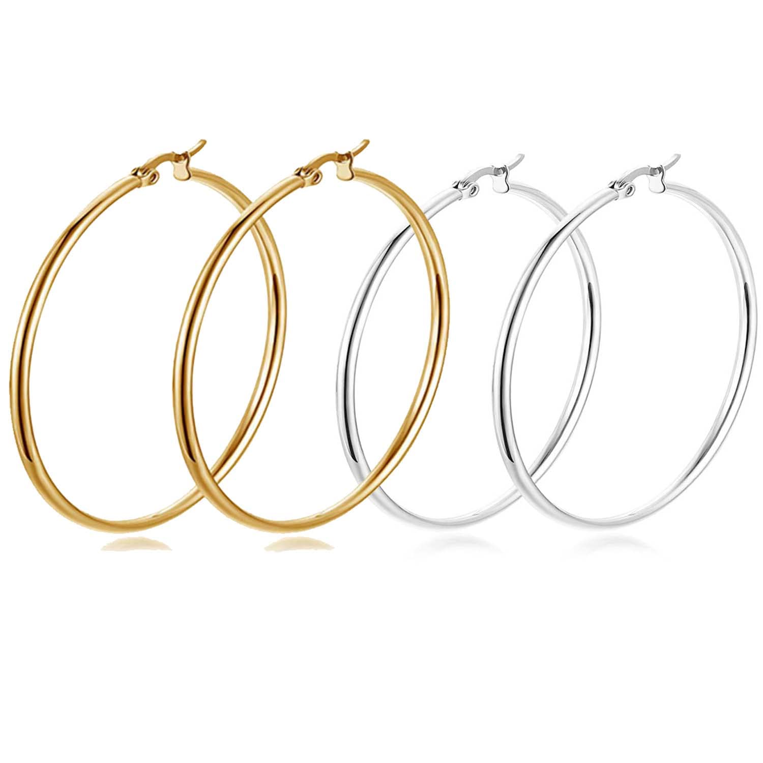 Uni-Fine 2 Pack Hoop Earrings, Stainless Steel Hoop Earrings Silver Gold Hypoallergenic Earrings for Women Girls Gift (70MM)