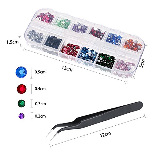 image for Pangda 9000 Pieces 4 Size 12 Colors Nail Art Rhinestones Set with 4 Bo