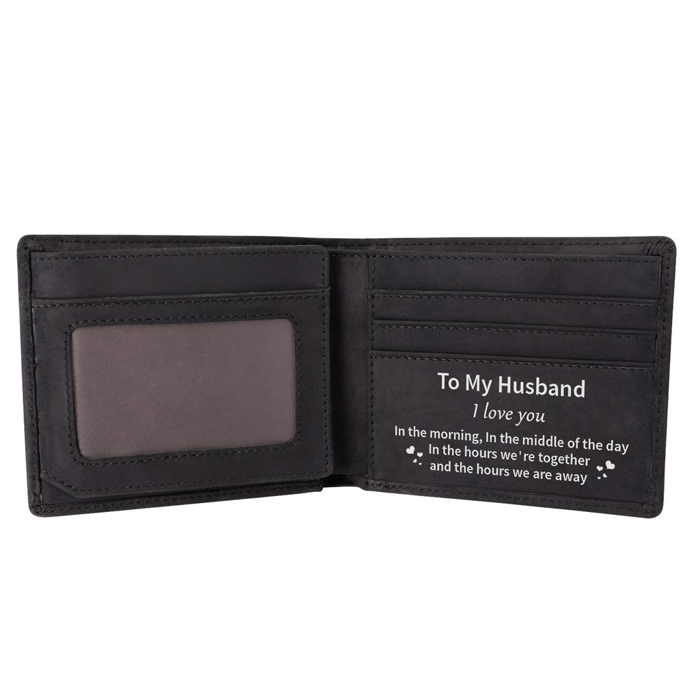 Kenon Personalized Leather Wallet for Husband, Engraved RFID Blocking Bifold Stylish Wallet for Husband Birthday Christmas Gifts (Black-for Husband)