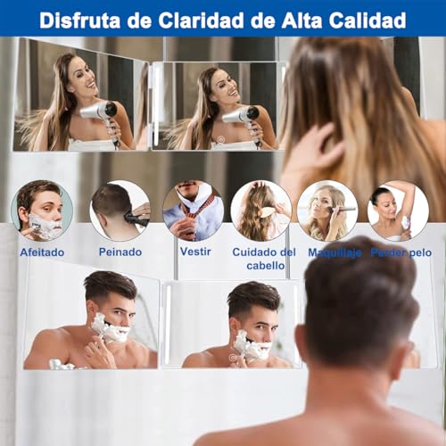 FHZLAJ Espejo de LED Recargable de 3 Vías, Espejos Triple Plegable 360 °con Ganchos Ajustables de Altura espejo para Cortar Cabello Mirror de Aumento 5X para Hombre Mujer Hogar Baño Maquillaje Peinado