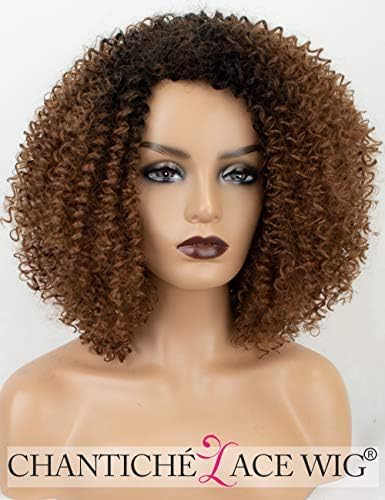 Chantiche Brown Afro Wig Curly Hair Ombre Synthetic Wig for Black Women Heat Resistant Shoulder Length 18 Inches