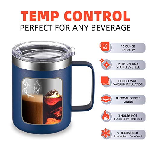 Civago Stainless Steel Coffee Mug Cup with Handle, 12 oz Double Wall Vacuum Insulated Tumbler with Lid Travel Friendly (Navy Blue, 1 Pack)