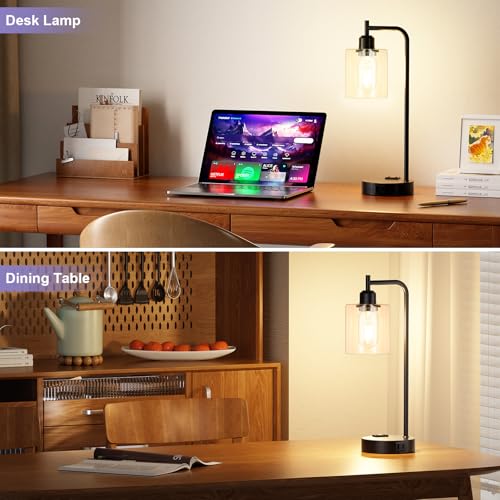 Industrial Touch Table Lamps Set of 2-3-Way Dimmable Bedside Lamps with USB C+A Ports and Outlet,Black Nightstand Lamps for Living Room,Glass Shade & 2 LED Bulbs Included