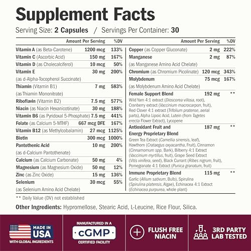 Vimerson Health Multivitamin for Women: Methylated B Vitamins, Chelated Minerals and Bioavailable D3 for Focus and Energy Support – Daily Womens Multivitamins and Multiminerals – 60 Capsules