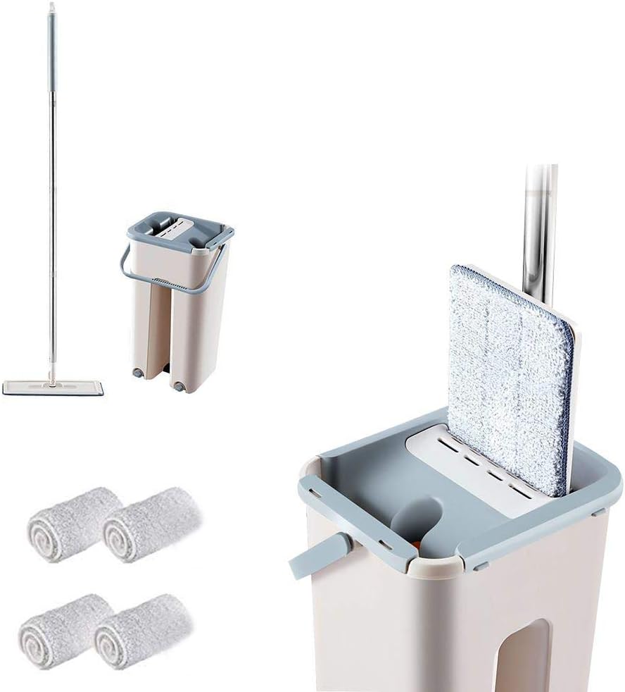 Luisea Squeeze Flat Mop and Bucket System, Hands-Free Floor Cleaning Mop Kit with 360° Swivel Head, 4 Reusable Microfiber Mop Pads, Self Wringing Mop for Home Office Wet or Dry Cleaning