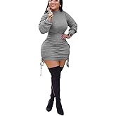 BFFBABY Women Sexy Winter Club Ruched Long Sleeve Drawstring Mini Bodycon Dress