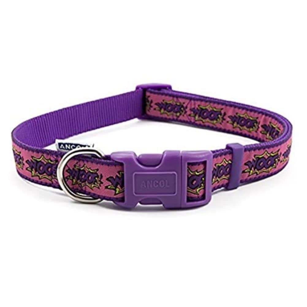 Ancol Woof Dog Collar Pink Comic Book Design Nylon Material Quick Release Buckle Puppy Pet Accessory 45-70cm
