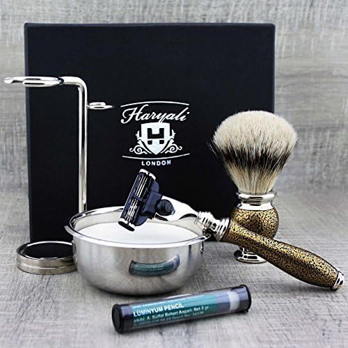 Haryali London 6Pc Mens Shaving Kit 3 Edge Razor, Silver Tip Badger Hair Brush, Bowl, Stand, Soap and Alum Perfect Gift Set For Men - Image 4