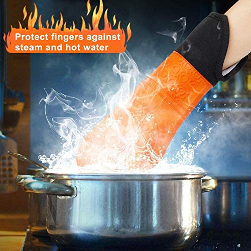 Silicone Oven Mitts and Pot Holders Set,Extra Long Heat Resistant Cooking Oven Gloves Set 1 Pair (14.6 \'\')with 2 Potholders,Non-Slip Textured Surface