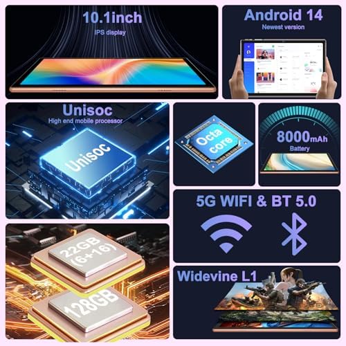 2026 Tablet 10 Pulgadas Android AI, Octa-Core 2.0GHz, 22GB(6GB+16GB)+128GB/TF 1TB, 8000mAh Batería, Widevine L1, GPS, 5G WiFi, Bluetooth5.0, Tablet con Funda, Teclado y Ratón - Dorado