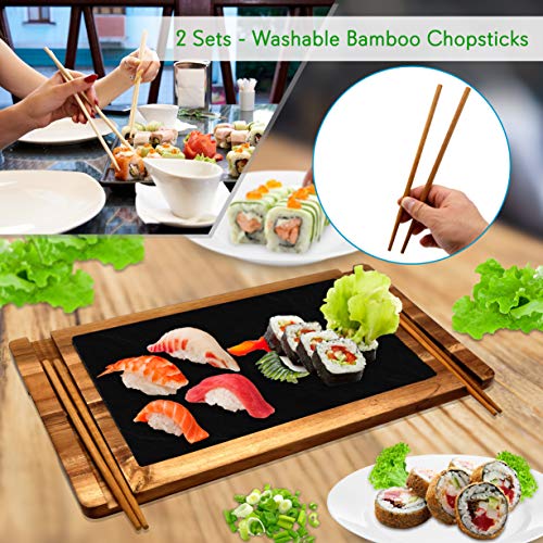 Wooden Board Sushi Serving Plate - Rectangular Japanese Sushi Serving Plate - Acacia Wood Platter Display/Cutting/Serving Tray Set - Slate Plate, 2 Ceramic Sauce Bowls, Chopstick - NutriChef PKSUSH10