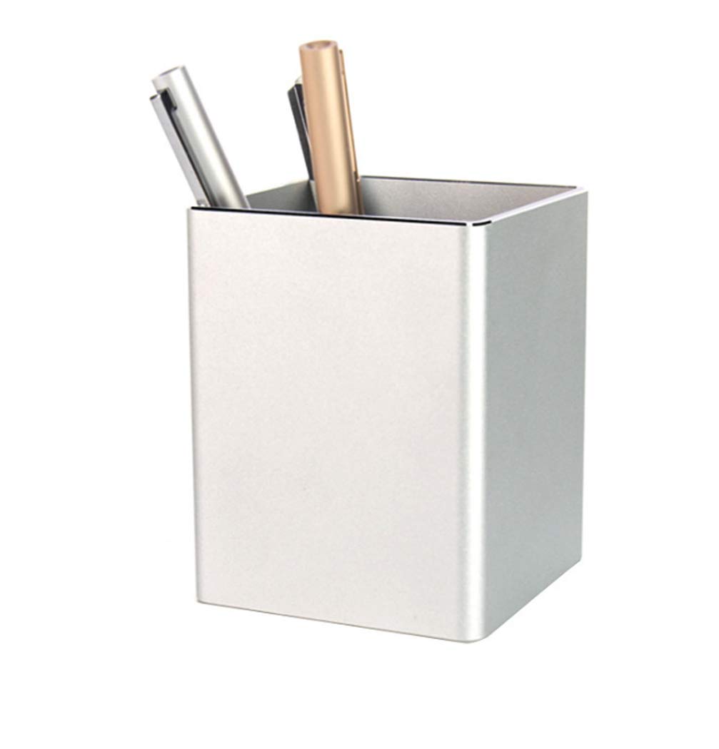 Hillento Modern Aluminum Alloy Round Metal Pencil Holder and Makeup Organizer for Office School Home, Square, Silver