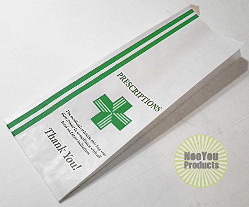 Dispensary Prescription Bags, Green Cross (10x3.5x1.5) Gusseted Paper Pharmacy Bag, Medication Packaging for Drug Stores, Designed for Marijuana Patients, Generic Statement for State Compliance (100)