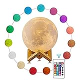 ExcelTek 3D Printing Moon Light Lamp with Remote Control & Touch Control | 16 Vibrant Colors LED Lighting Adjustable Brightness | Decorative Living Room | Kids Night Light with Wooden Stand (5.9 inch)