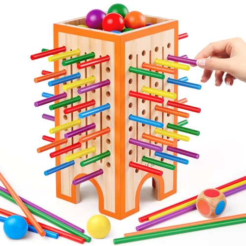 Montessori Game, Children's Games 3, 4, 5, 6 Years, Wooden Board Game with 42 Sticks and 12 Balls, Educational Toy for 3 Years, Fine Motor Skills Games, Family and Travel Games, Gift for Boys and