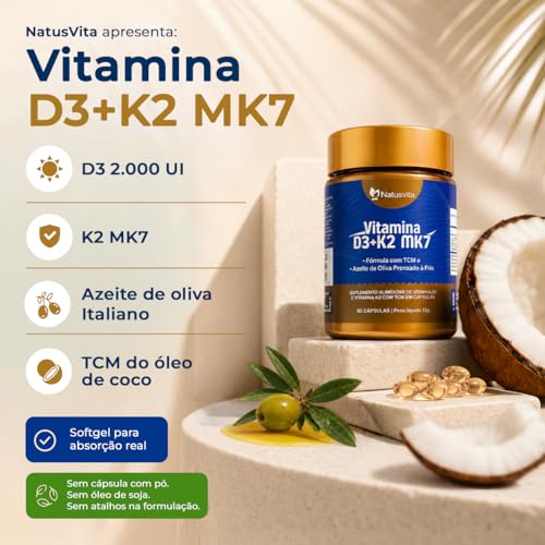 Vitamina D3 2.000 UI + K2 MK7 com TCM e Óleo de Oliva Prensado a Frio em Cápsulas