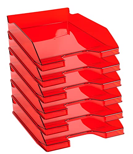 Exacompta - Ref. 113224D - Lot de 6 corbeilles a courrier COMBO MIDI - dimensions utiles 34 x 25 x 6,5 cm - pour documents au format A4 + - couleur rouge carmin transparent Glossy