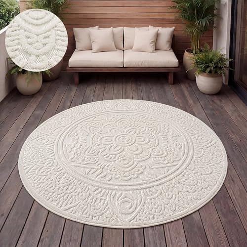 Paco Home Teppich Outdoor Wetterfest, Moderne abstrakte Boho Designs mit 3D Struktur, Pflegeleicht, ideal für Terrasse Wohnzimmer & Küche, Grösse:200