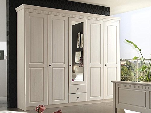 Kleiderschrank 5 Turig Mit Spiegel Bozen 6709 Weiss Gewachst Kiefer Massiv 248cm Gunstig