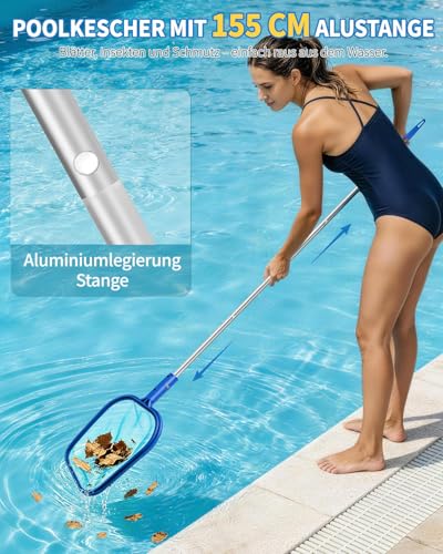 MRUN BONE Pool Landing Net 155 cm Pool Landing Net Fine Mesh Net for Pool, Swimming Pool, Pond, Above Ground Pool, Paddling Pool, Algae, Inflatable Pool