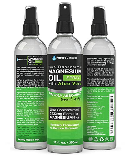 Pure Magnesium Oil Spray with Organic Aloe Vera -Safe For Sensitive Skin -ONE 12oz Transdermal Magnesium Spray for Joint Pain, Sore Muscles, Cramps, Migraines, Restless Leg Syndrome, Headaches & Sleep Pure Magnesium Oil Spray with Organic Aloe Vera -Safe For Sensitive Skin -ONE 12oz Transdermal Magnesium Spray for Joint Pain, Sore Muscles, Cramps, Migraines, Restless Leg Syndrome, Headaches & Sleep