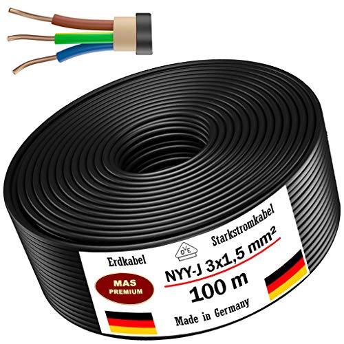Erdkabel Starkstromkabel Von 5m bis 170m NYY-J 3x1,5 mm² Elektrokabel Ring zur Verlegung im Freien, Erdreich (100m)