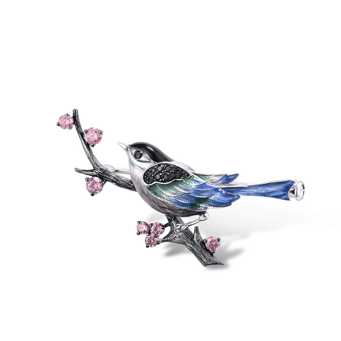 Santuzza Magpie Brooch 925 Sterling Silver Enamel Bird Black Spinel Pin for Women