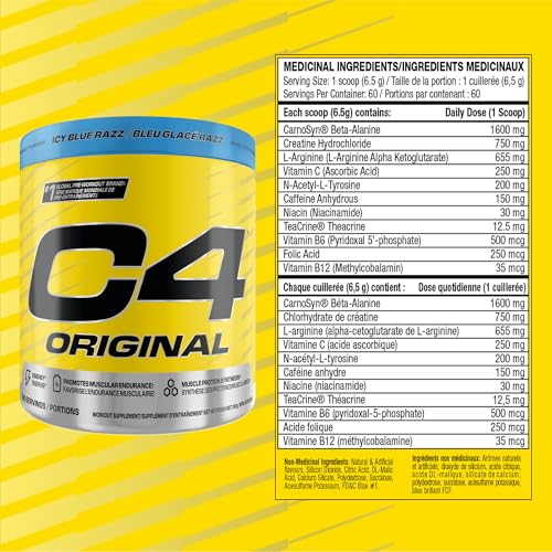 Cellucor C4 Original Pre Workout Powder - Sugar Free Preworkout Energy for Men & Women - 150mg Caffeine, Beta Alanine, Creatine - Icy Blue Razz, 60 Servings
