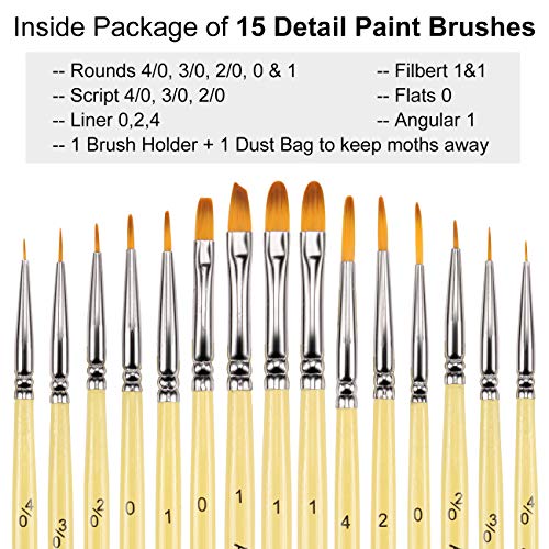 Miniature Paint Brushes - 15 pcs Acrylic Paint Brush Set for Fine Detailing, Different Sizes Paint Brushes for Acrylic Watercolor Oil Gouache Paint - Free Holder and Travel Bag
