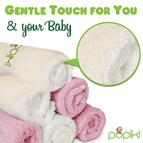 Pupiki Premium Baby Washcloths 6 Ultra-Soft Hypoallergenic 100% Organic Bamboo from Rayon Fiber Baby Bath Washcloth Face Towels Absorbent 10X10 Newborn Towel Pack Unisex Baby Shower Gift White & Pink