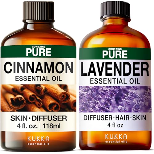 Cinnamon Bark Essential Oil for Diffuser & Lavender Essential Oil for Diffuser Set - Aromatherapy Grade Essential Oils Set - 2x4 fl oz - Kukka