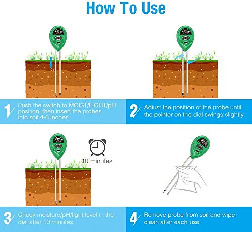 Medidor de humedad del suelo, medidor de PH del suelo 3 en 1 con prueba de humedad, luz y PH para la prueba de PH ácido, humedad y luz solar para la horticultura y la agricultura (Verde)