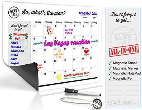 Refrigerator Calendar Kit – Includes Magnet Board/ Magnetic NotePad / Magnetic Dry Erase Marker + Eraser Top / Design Magnetic Pen – Easily Write &amp; Wipe (White)