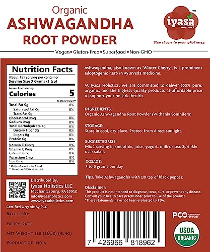 Iyasa Holistics Organic Ashwagandha Powder, Withania Somnifera, Raw Superfood, Workout Supplement, Resealable Pack