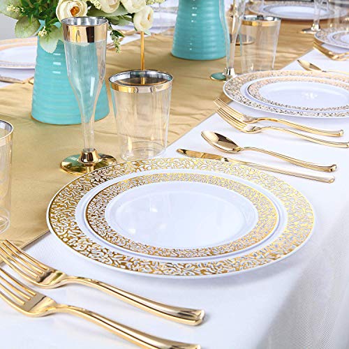 ENUOSUMA 150 Piece Plastic Plates, Dinnerware & Cups Set - Gold Plates with Lace Design -Disposable Tableware include Dinner Plates Salad Plates, Cups, Spoons, Forks & Knives for Wedding or Party - Thumbnail 2