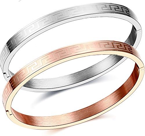 Inspired Stainless Steel Bangle Bracelet for Women Men Lovers Sweethearts (Rose Gold+Silver)