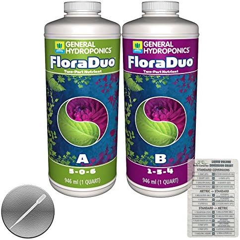 GENERAL HYDROPONICS FLORA DUO A & B BUNDLE + Twin Canaries Chart & PIPETTE - 1 Quart Each