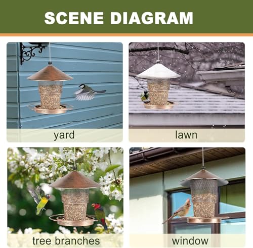 Bird Feeders for Outdoors Hanging, 2lb Large Seed Capacity Metal Feeder for Garden Patio, Mesh Tube Iron Outdoor Hanging Feeding Attract Various Birds, Including Finches and Sparrows(Brown)