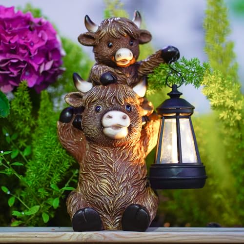 Yeomoo Hochlandrind Skulptur mit Solarlampen für Außen Gartendeko - Lustig Highland Cow Muttertier & Kalb Gartenfigur Solar Deko - Kuh Geschenke für F