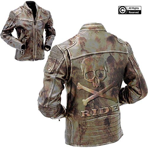 Gearswears Men's Vintage Biker Motorcycle Distressed Leather Jacket with Embossed Skull New