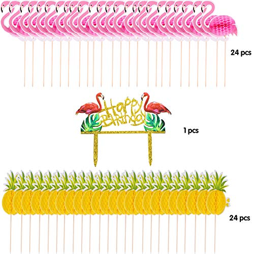 Efivs arts 49 Pieces 3D Flamingo Pineapple cake Cupcakes Toppers Cocktail Picks Party Supplies for Luau Summer Hawaiian Birthday Wedding Beach Party Decoration