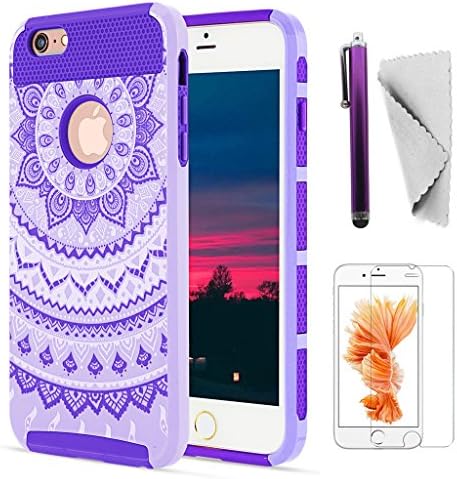 iPhone 6S Plus Case, iPhone 6 Plus Case KXLY Hybrid Slim Case Heavy Duty Shockproof Protective Cover Hard PC Rugged Soft TPU Bumper Dual Layer+Screen Protector+Stylus[Mandala/Light Purple-Purple]