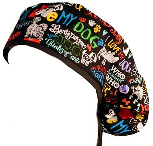 Big Hair Women's Medical Scrub Cap - I Love My Dog #2 w/Black Trim