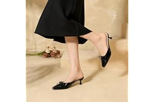 Women's Pointed Toe Kitten Heel Mules - Patent Leather Bow Accent Slip-On Shoes in Black, White & Burgundy for Office & Party