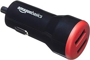 �鶹�� Basics 24W Two-Port USB-A Car Charger for Phones (iPhone 15/14/13/12/11/X, Samsung, and more), non-PPS, Black/Red