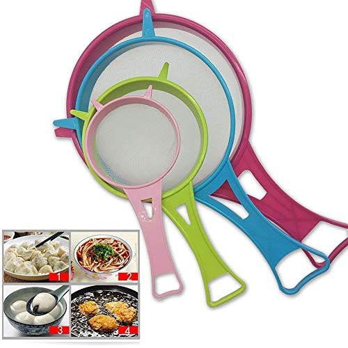 Fine Mesh Strainer Colander, Benbo 4Pcs Plastic Food Soy Milk Flour Sieve Long Handle Icing Sugar Sifters Strainer Tea Filter and Silicone Foldable Funnel for Kitchen