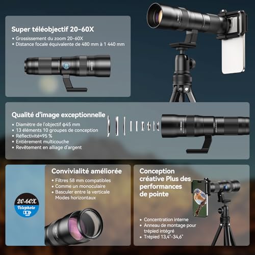 Evil Eye Zoom Telephoto Lens 20-60X High Magnification/High Quality with Tripod Perfect for School Shows/Sports Days/Observation/Concerts
